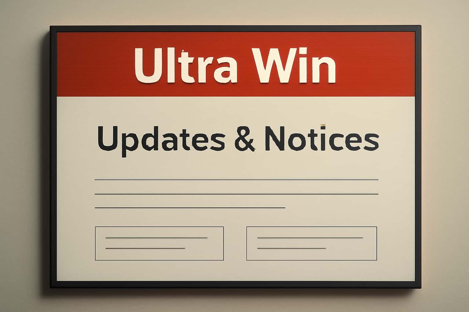 An informational scene depicting updates and notices for the Ultra Win application.